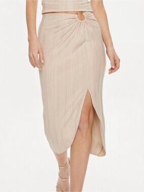 Guess Tan Christina Midi Skirt - Safari Tan Foil Ribbed Womens XL NWT